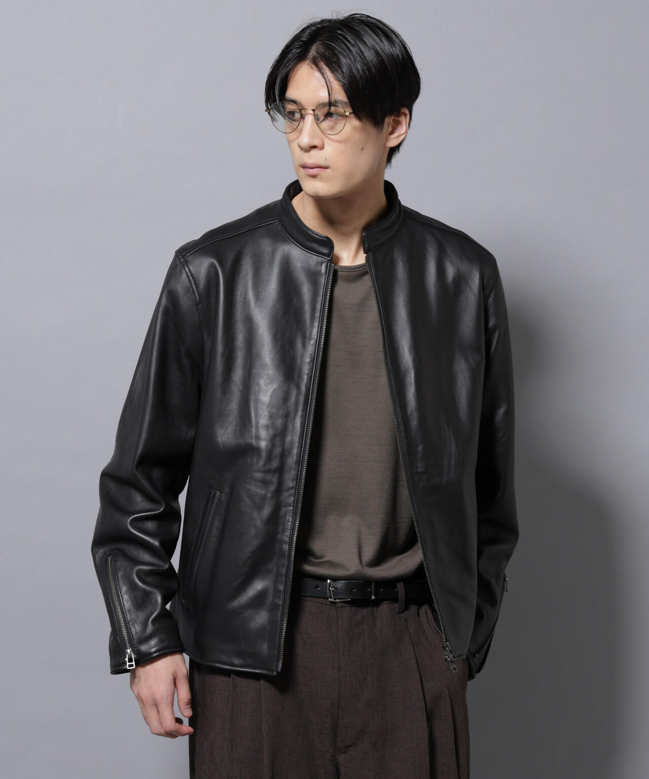 バンドカラー レザー シングルライダースジャケット