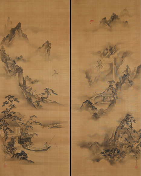 狩野晴川院養信「松竹梅七福神図 双幅」：C-691j[掛け軸]古美術谷口