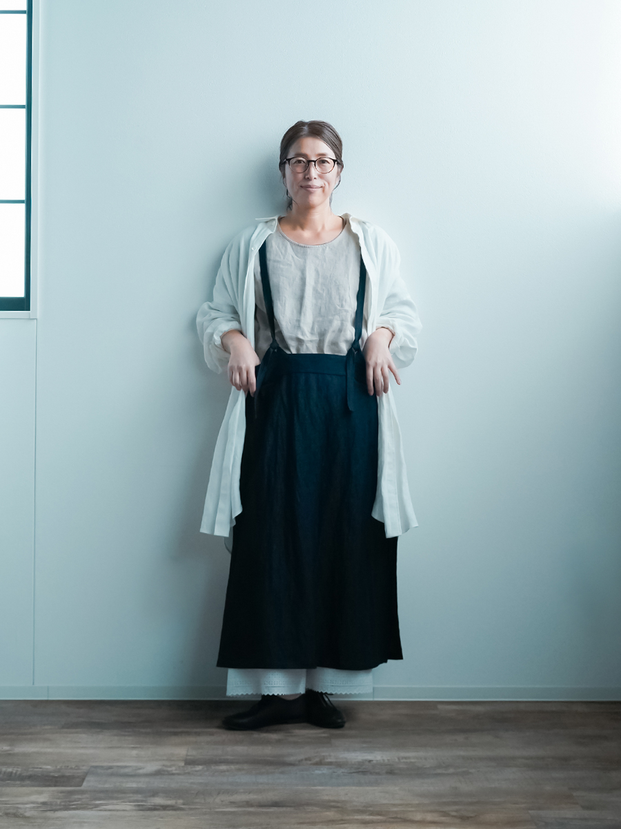 リネンデニムタブリエ】 魔法のエプロンスカート ／ ダークインディゴ