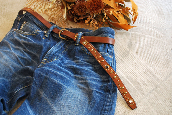 スタッズナローベルト/ナローベルト/ブラウン/サイズオーダー