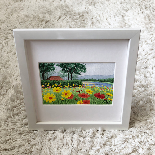 キバナコスモスのフィールド04」透明水彩画 原画 風景画 額縁付 ハガキ