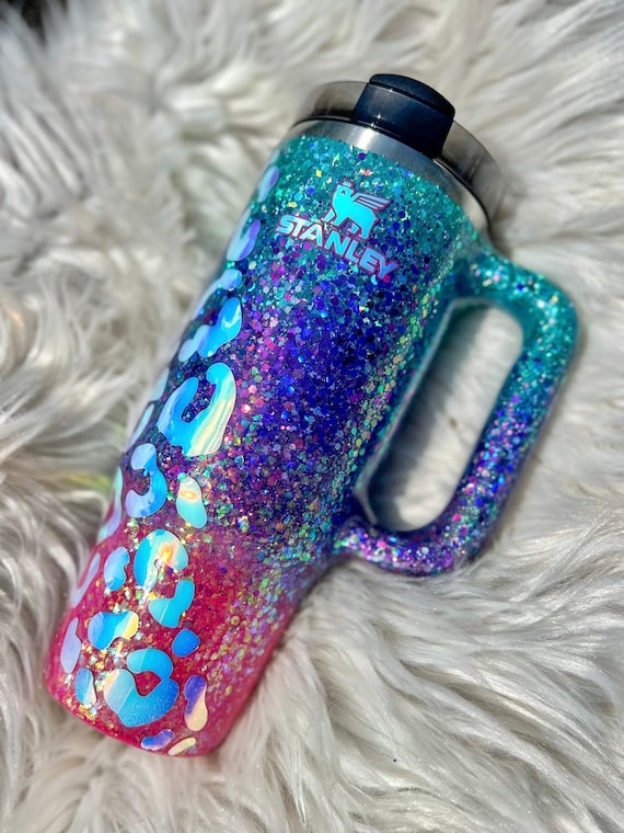 Purple Teal Pink Leopard Opal Glitter 40 Oz Glitter Tumbler With