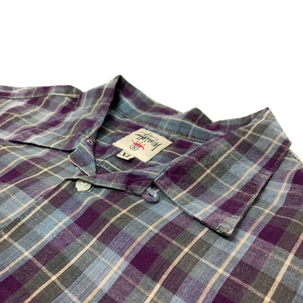 USA製 90s OLD STUSSY Check Cotton Open Collar S/S Shirt 紫 XL 白