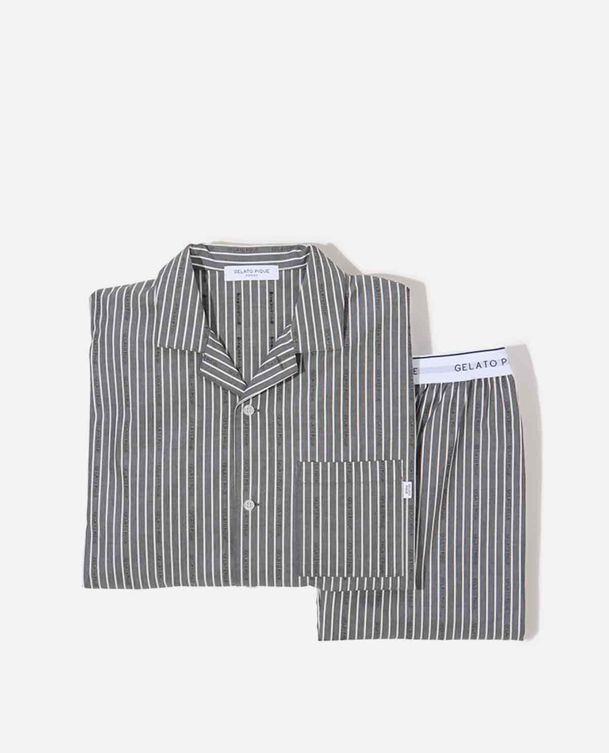 メンズ ストライプ ロゴ ジャガード パジャマ ルームウェア グレー