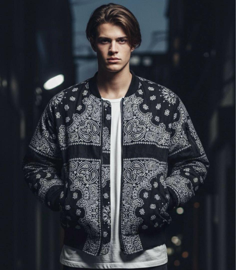 ペイズリー柄　ジャケット オーバーサイズブルゾン 黒×白 XXL BLK ペイズリー オーバーサイズジャケット | ness.