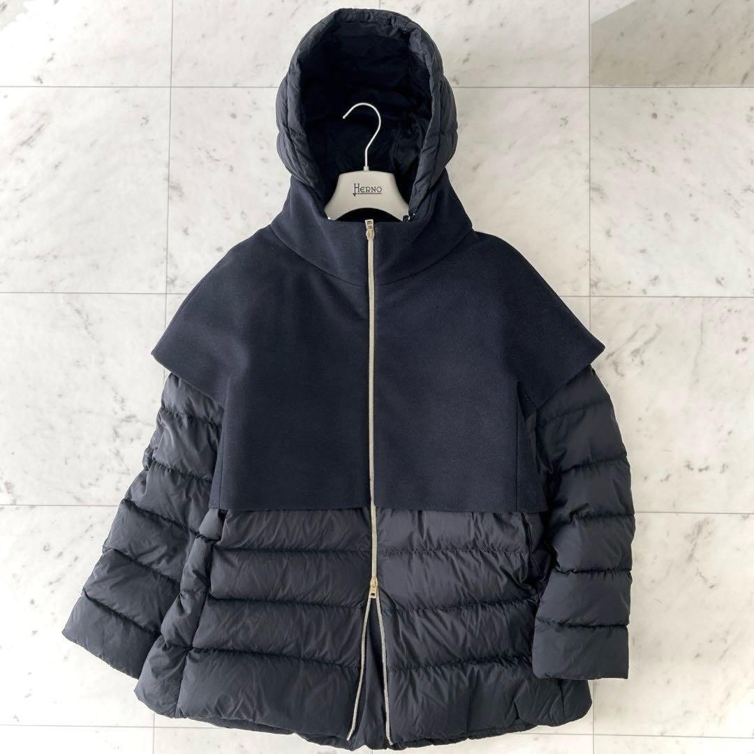 ヘルノ HERNO ウール切替 ドッキング ダウンコート 40 黒 HERNO（ヘルノ） 【並行輸入品】 レディース ダウンコート ウール切替