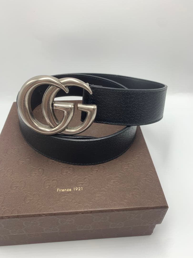 【美品】GUCCI グッチ　ダブルG ワイド ベルト ブラック　シルバー P55 ダブルG グッチ ベルト メンスベルト GGマーモント Gバックル ブラック
