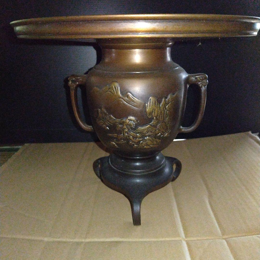 銅、うすばた　華道、床の間飾り 銅製 薄端（うすばた）三足 花器 鳥文 耳付き 床の間 置物 華道 茶道